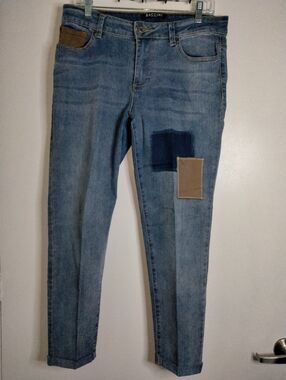 Baccini (Size 10P) Medium Wash Blue Cotton Blend Navy & Tan Patches Denim Jeans